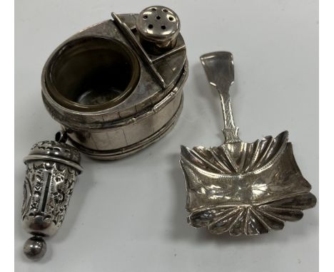 A white metal salt/pepper cruet as a staved bucket, the base of the bucket stamped “Sterling” with glass liner, the pepper un