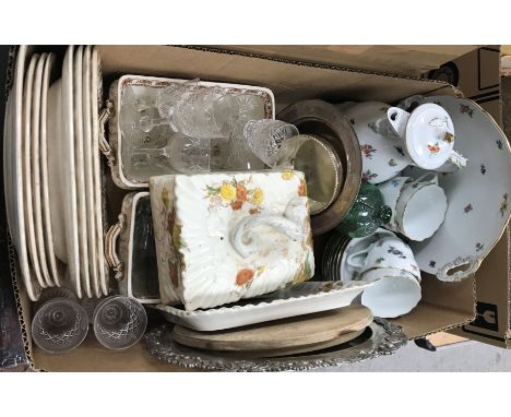 A box of assorted china wares to include a German floral decorated part tea set, various Victorian transfer decorated plates,