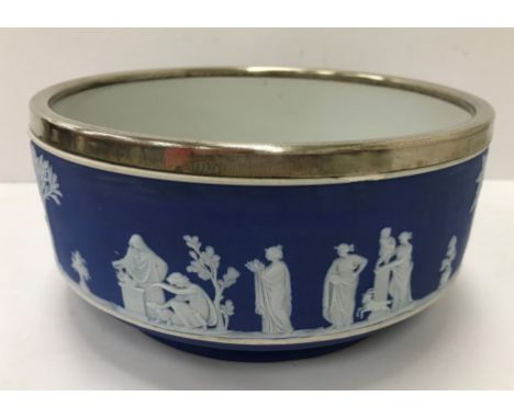 A Wedgwood blue Jasper dip fruit bowl with Classical figure decoration and EPNS rim, 23 cm diameter x 11 cm high, a Wedgwood 