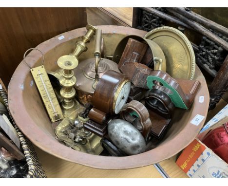 A collection of metal wares to include a Benares type table, a copper bowl, copper kettle, pair of Victorian candlesticks, to