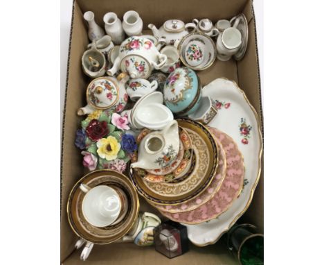 A box containing assorted ornamental china wares, etc. to include Coalport "Ming Rose" gold miniature tea set, an Aynsley gil