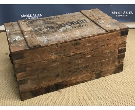 A military iron bound pine trunk with tin liner, the top inscribed "LT.W.G. Dobbie Royal Engineers ..." 102 cm wide x 56 cm d