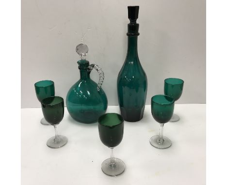 A collection of Bristol Green glass wares including a 19th Century faceted decanter and stopper (stopper A/F), 32.5 cm high, 
