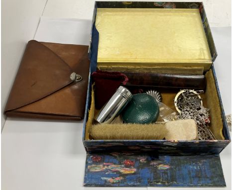 A box containing various objets de vertus including coral necklace, silver nurse's buckle, white metal and turquoise brooch, 