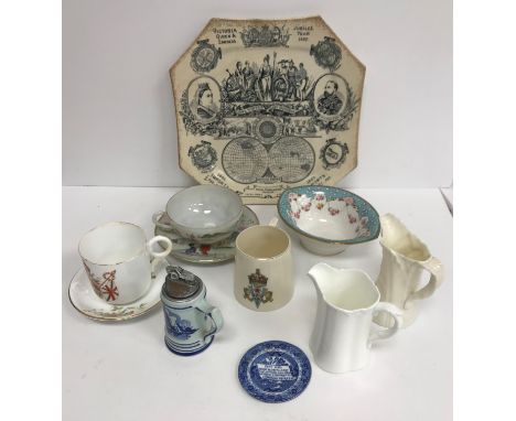 A box of various china wares, glass wares, silver and plated wares to include a Royal Worcester "Cabbage leaf" jug, Cauldon c