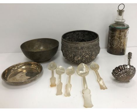 A silver scent bottle holder of shaped form with engraved swag and bow decoration (by George Nathan and Ridley Hayes, Chester