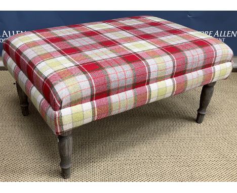 A modern Voyage Maison tartan upholstered stool on stained and turned tapering legs, 80 cm wide x 56 cm deep x 40 cm high, to