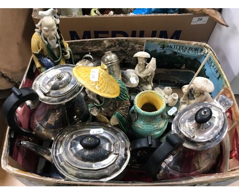 A box containing a five piece plated tea service, a plated cocktail stick holder, two mid-20th Century Chinese pottery figure
