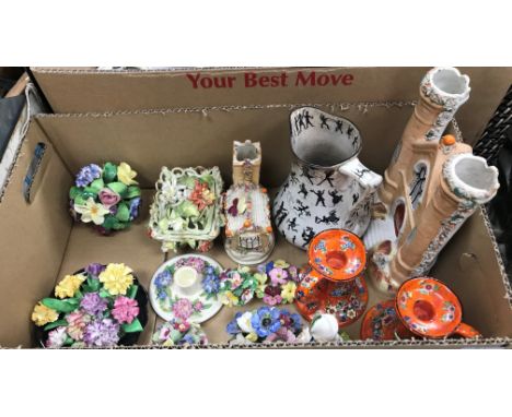 Two boxes of 19th Century and later china to include various lustre decorated jugs, Sutherland jug, a pearl ware jug with fol