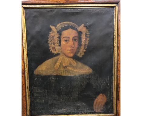 EARLY 19TH CENTURY ENGLISH SCHOOL "Lady with flower decorated lace cap", half length portrait study, oil on canvas, 71 cm x 5