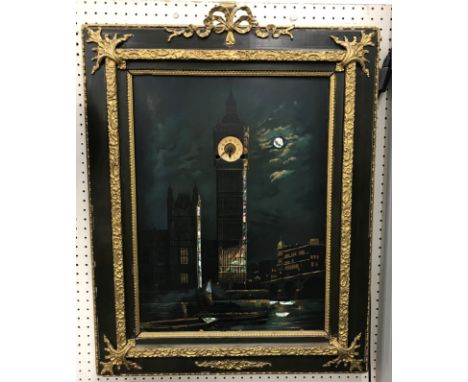 A Victorian picture clock depicting "The House of Westminster with Big Ben" oil on board inset with mother of pearl and circu
