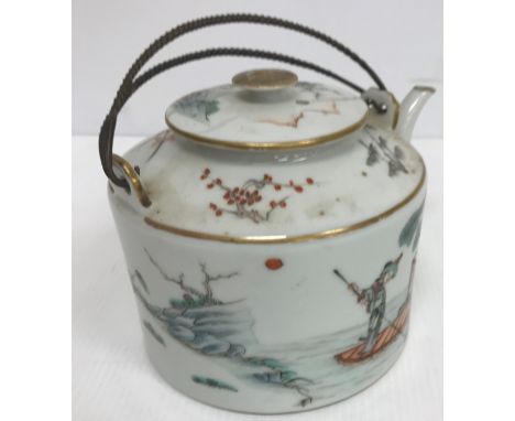 A circa 1900 Chinese polychrome decorated cylindrical tea pot, the main body depicting figures in a landscape and woman on a 