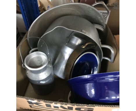 A box containing two Blow aluminium milk churns of small proportion, a Pascal aluminium lidded glass jar, a Capsorbit alumini