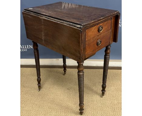 An early 19th Century rosewood Pembroke type work table, the top with reeded edge over two frieze drawers and solid work bask