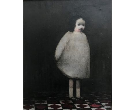 LEWIN BASSINGTHWAIGHTE (1928-1983) "Christina", girl in white standing on tiled floor, oil, inscribed on typed paper label ve