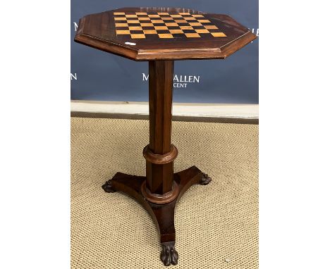 A Victorian rosewood games table, the octagonal chequerboard top with applied moulded edge on a faceted tapering octagonal pe