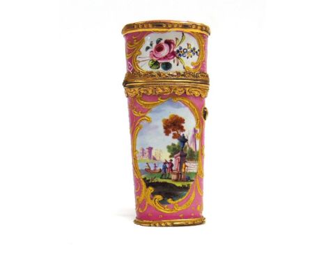 AN ENAMEL ETUI decorated with gilt rococo scrolls to a pink ground enclosing merchant scenes and flowers, with tweezers and a