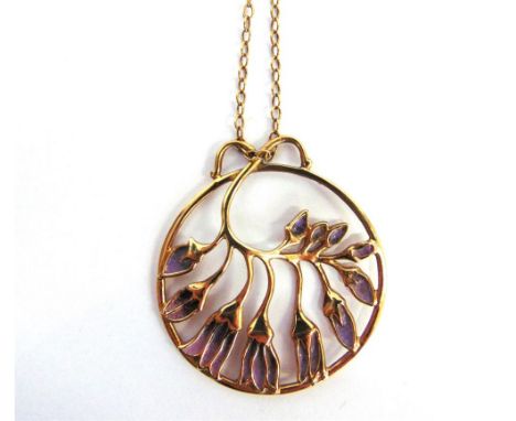 AN UNUSUAL 9 CARAT GOLD AND ENAMEL PENDANT by Norman Grant for Dust Jewellery, Edinburgh 1980, designed as the herb comfrey w