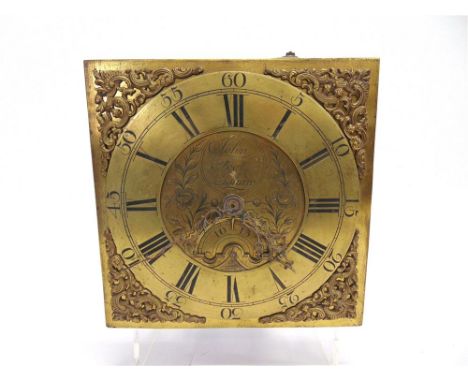 A GEORGE III LONGCASE CLOCK MOVEMENT,  striking on a bell, the centre with foliate decoration and calendar aperture, inscribe