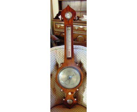 A 19TH CENTURY MAHOGANY BANJO BAROMETER/THERMOMETER,  with 8' silvered dial, the level inscribed 'Casey Sheerness', 95.5cm hi