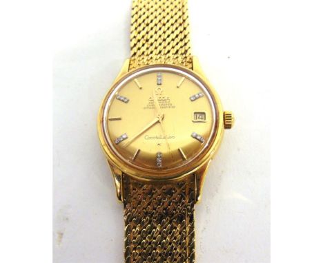 OMEGA CONSTELLATION a gentleman's 18ct gold and diamond automatic bracelet watch, 1965, gilt dial, hands and sweep seconds wi