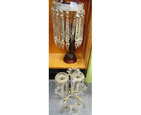 A GLASS FOUR TRUMPET EPERGNE  38cm high, pair of table lustres 21cm high, and a ceiling light fitting with glass drops and lu