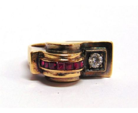 AN EGYPTIAN DIAMOND AND SYNTHETIC ODEONESQUE RING the old cut brilliant of approximately 0.15 carats, to a line of calibre st