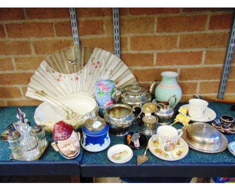 A MIXED COLLECTION OF CERAMICS, SILVER PLATE ETC.,  including a Crownford Ware salad bowl and servers, Adams jasperware perse