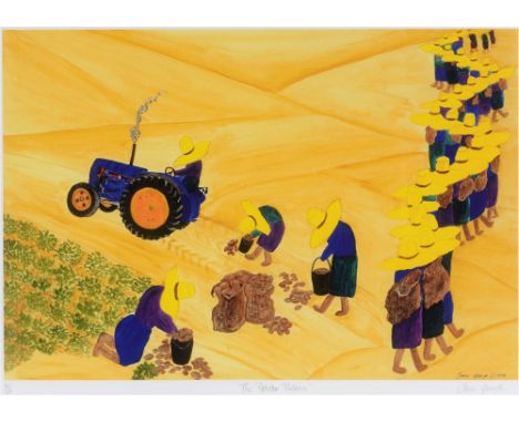 IRENE GEORGE (BRITISH, B.1947) 'The Potato Pickers', colour print, limited edition 6/60, signed lower right, 36cm x 50.5cm;  
