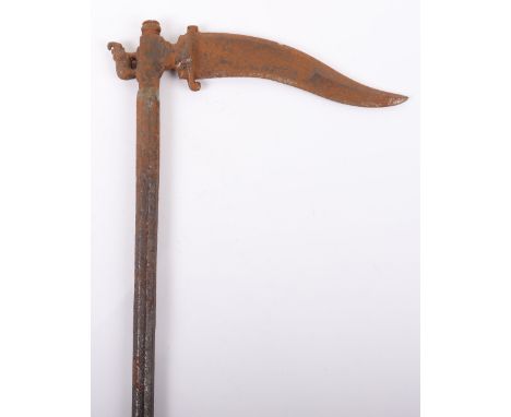 Composite Indian Axe Zaghnal, recurved blade with thickened point fitted to a cast iron top incorporating an elephant finial,