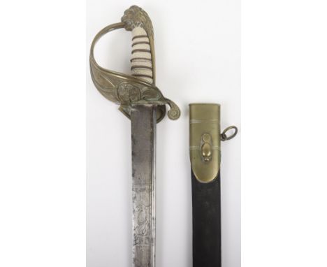 British 19th Century Naval Officer’s Sword, pipe back blade by ADAMS, Fore St, Devonport, etched with crowned fouled anchor a