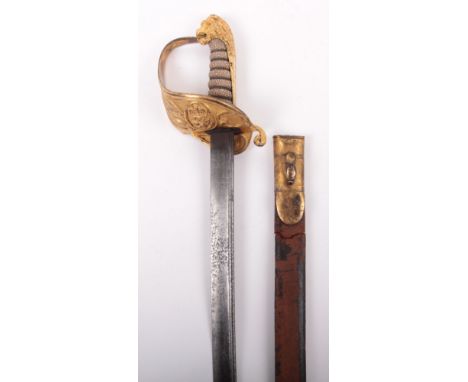Georgian 1827 Pattern Naval Officers Sword, slightly curved single edge pipe back blade with false edge at tip retaining some