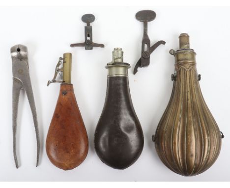 Large Fluted Copper Powder Flask, common top stamped Frary Benham &amp; Co., 4 small iron suspension rings; another plain wit