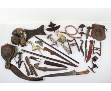 Speculative Assortment of Mostly Incomplete and Mostly Indian Weapons Parts and Associated Objects, including 2 katar hilts o