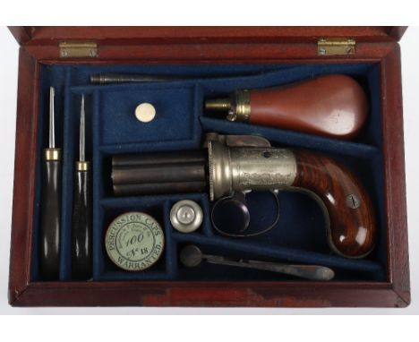 Good 6 Shot 172 Bore Self Cocking Percussion Pepperbox Revolver, colour hardened barrels Birmingham proved, round nickel fram