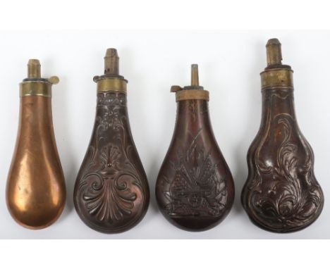 4x Assorted Gun Sized Copper Powder Flasks comprising a plain bag shaped one with common top; another embossed with a shell, 