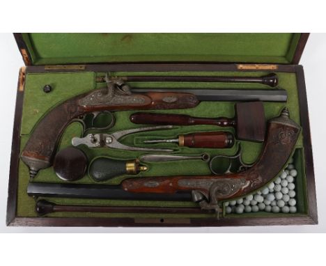 Pair of 54 Bore French Percussion Target Pistols by Gastinne Renette, octagonal barrels numbered 2266, engraved Fni P Gastinn