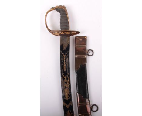 Fine 1803 Pattern Infantry Officers Sword, curved single edge flat blade with false edge at tip, etched blued and gilt with R