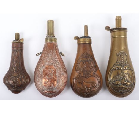 4x Assorted Embossed Medium Size Copper Powder Flasks comprising common top embossed with convolvulus; another (brass) with p