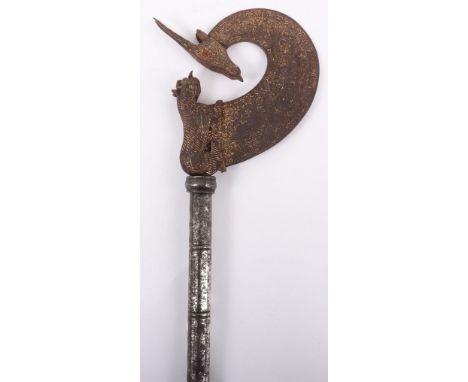 Composite Indian Axe, 19th&nbsp;Century, iron head in the form of a tiger from which issues a broad curved single edge blade 