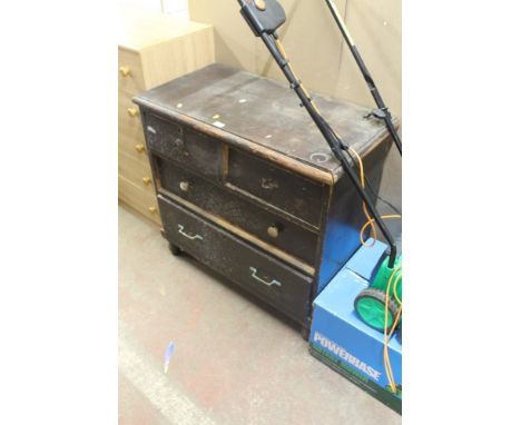 A PAINTED PINE TWO OVER TWO CHEST OF DRAWERS WITH ODD HANDLES, DRAWERS CONTAINING TOOLS 
