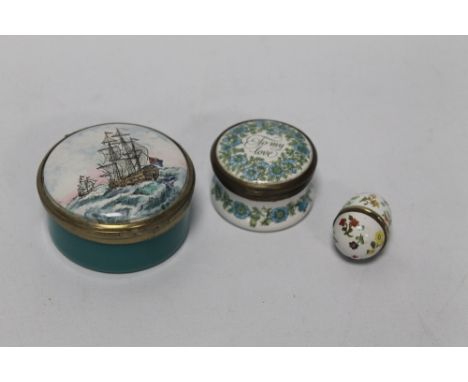 THREE ENAMEL HALCYON DAYS BOXES, to include one depicting a sailing ship, etc 