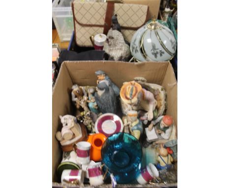 TWO TRAYS OF ASSORTED CHINA AND CERAMICS TO INCLUDE CAPODIMONTE, GLASS LAMP, GLASS VASE, BINOCULARS, CASED KNIFE SET ETC