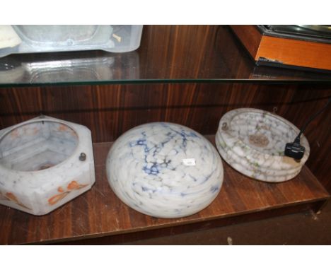 THREE DECO HANGING GLASS LAMP SHADES / BOWLS  (3)