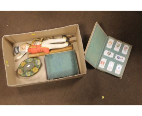 A TRAY OF COLLECTABLES TO INCLUDE A FLOATING DIARY THERMOMETER, two albums of minor stamps, marbles etc