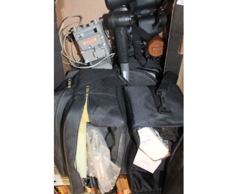 A QUANTITY OF OPTICAL AND PHOTOGRAPHIC EQUIPMENT, to include an Olympus Camedia camera, tripods, Helius binoculars etc