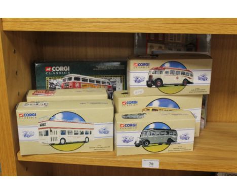 SIX BOXED CORGI CLASSICS BUSES TO INCLUDE LEYLAND ATLANTEAN OPEN TOP DEVON GENERAL, Daimler Fleetline Birmingham City, Guy Ar