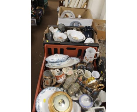 THREE TRAYS OF ASSORTED CHINA AND CERAMICS TO INCLUDE  ROYAL WORCESTER, A PAIR OF ART NOUVEAU STYLE CANDLE STICKS, ETC 