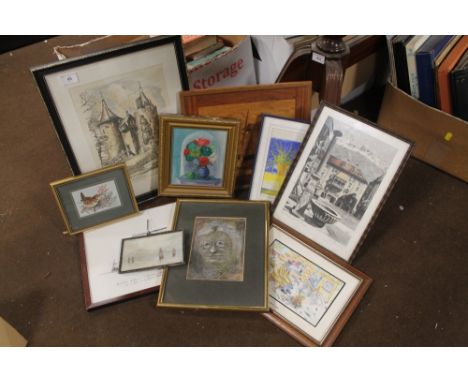 A QUANTITY OF ASSORTED PICTURES AND PRINTS TO INCLUDE AN ORIGINAL PORTRAIT OF A LADY BY P R TARRANT, ETC 