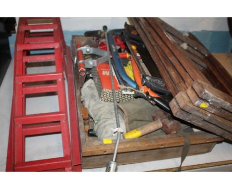 A SELECTION OF TOOLS, TOGETHER WITH CAR RAMPS, AND WOODEN TRESTLES, ETC  
